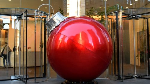 Free things to do in Pittsburgh during the holidays: One of the fun holiday decorations in Downtown Pittsburgh - a giant Christmas ornament.