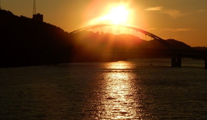 Places to Watch Sunsets in Pittsburgh -Smithfield Street Bridge linking the golden triangle and Station Square areas of Pittsburgh.