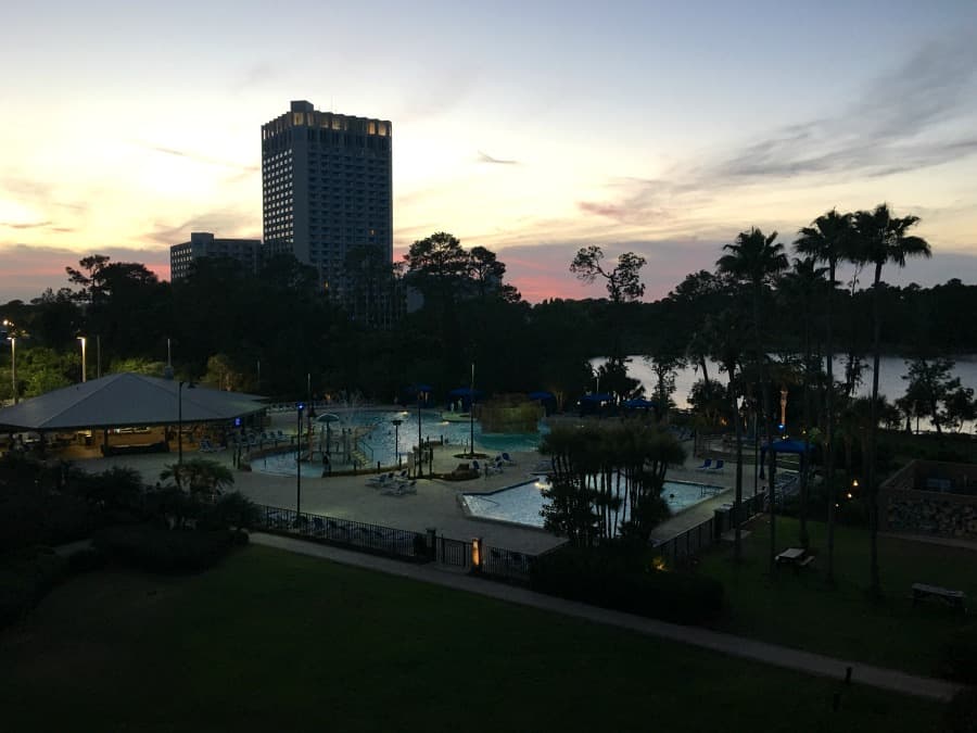 Wyndham Lake Buena Vista pool area at night -Disney fireworks