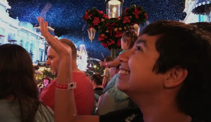 Snow on Main Street U.S.A. during Mickey's Very Merry Christmas Party