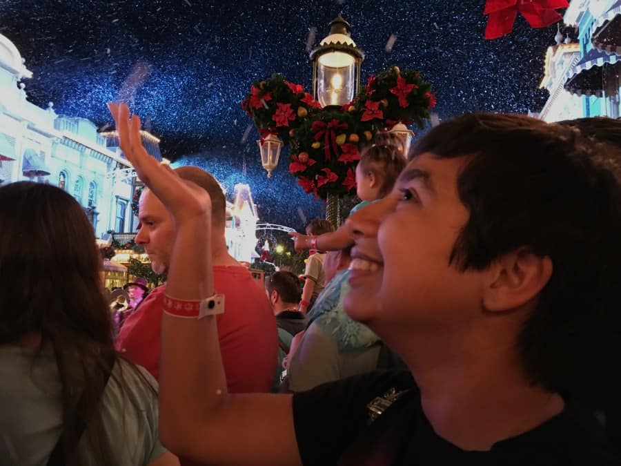 Snow on Main Street U.S.A. in Magic Kingdom.