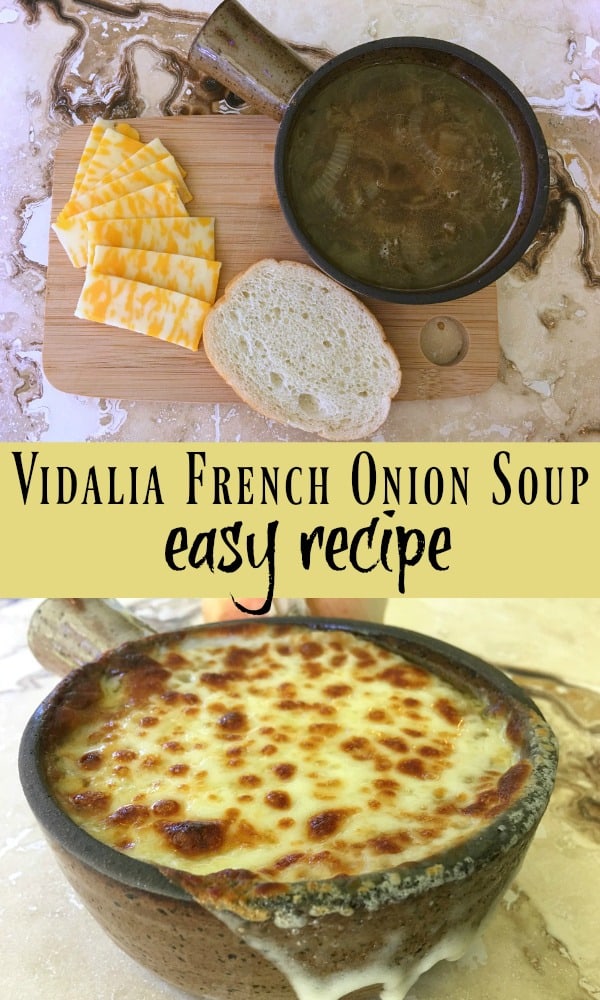 A French Onion Soup recipe with a twist! Recipe uses Vidalia Onions for a sweet kick. Only five ingredients, too!