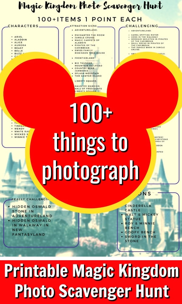 Ready to hunt through Magic Kingdom with your camera? Here's a printable Magic Kingdom Photo Scavenger Hunt checklist with 100+ items!