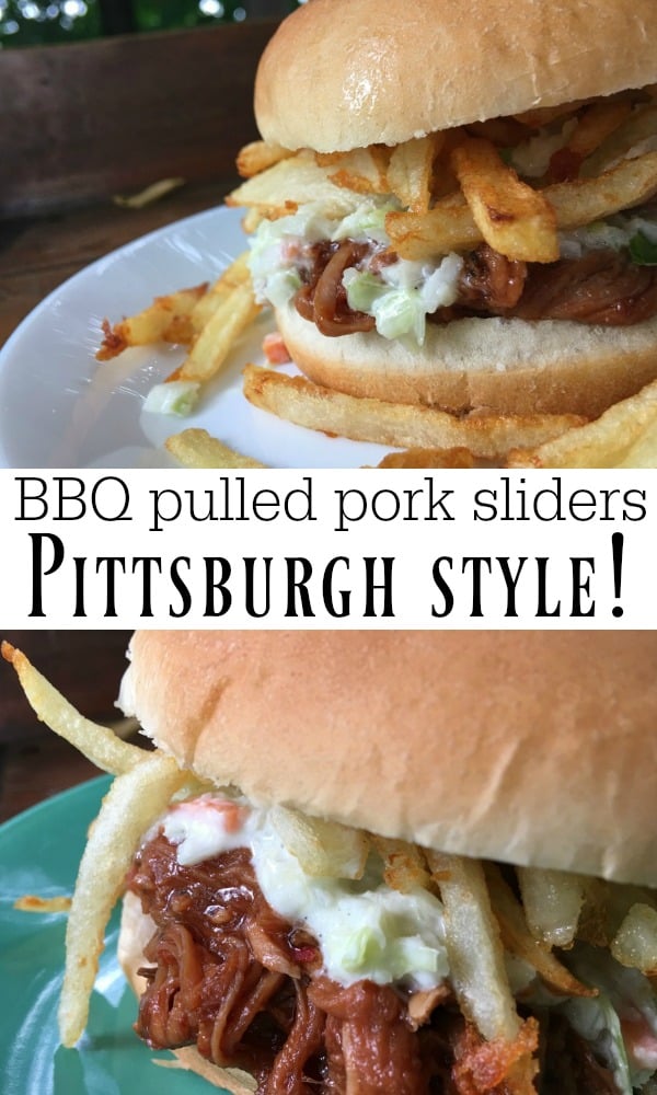 Looking for a delicious, and easy, bbq pulled pork slider recipe? This one uses the benefits of a slow cooker and has a Pittsburgh flair: cole slaw and French Fries!