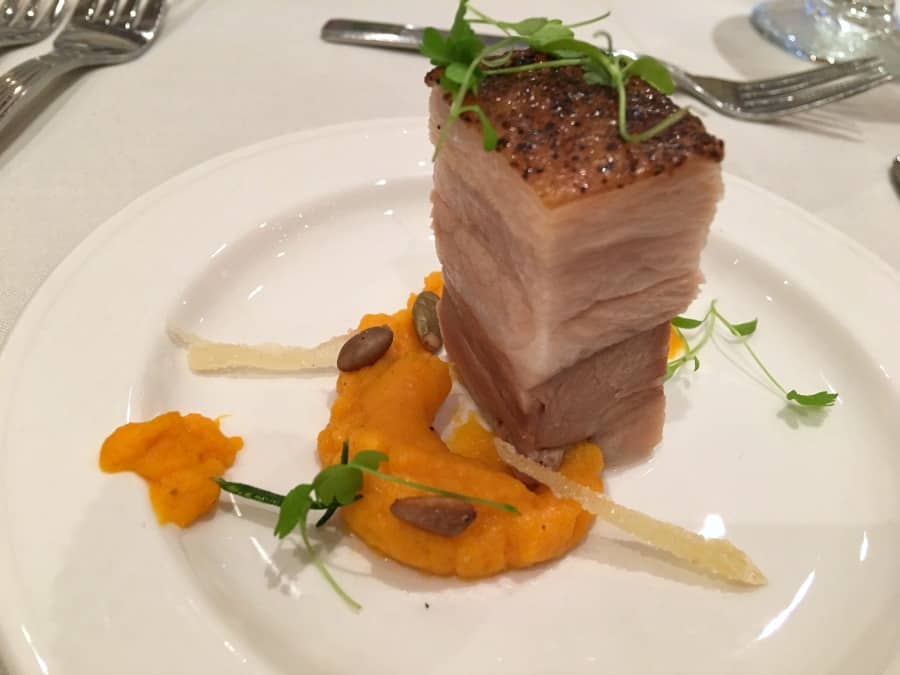 Pork Belly with Sweet Potato Puree at TLE Detroit.