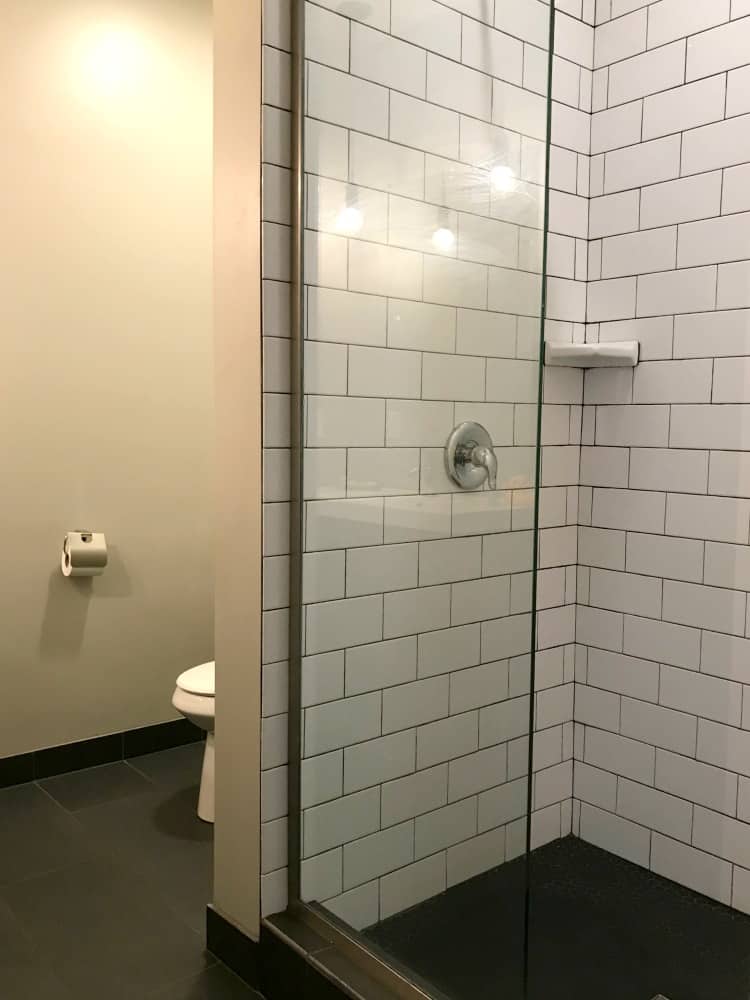 Hotel Kilbourne Sandusky bathroom and shower area. 