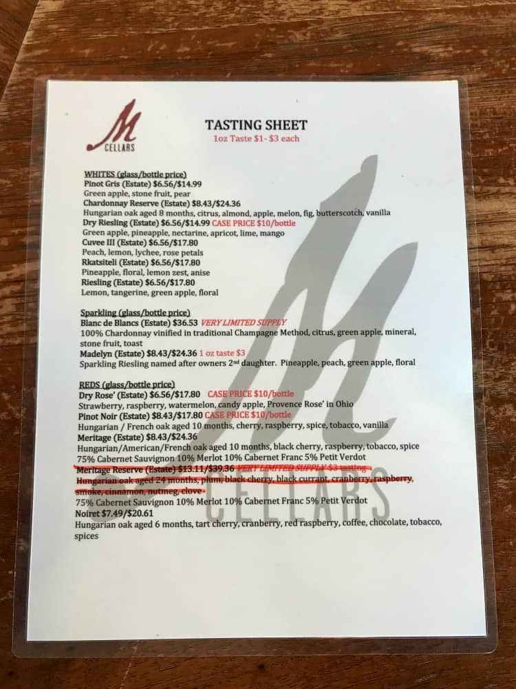 Must-visit wineries in Geneva, Ohio: M Cellars Tasting Sheet