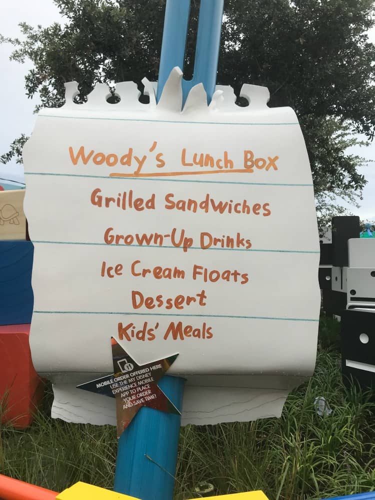 Woody's Lunch Box Menu items at Toy Story Land. 