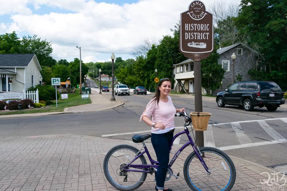 Checking out Historic Canal Fulton with a rental bike from Ernie's Bicycle Shop.