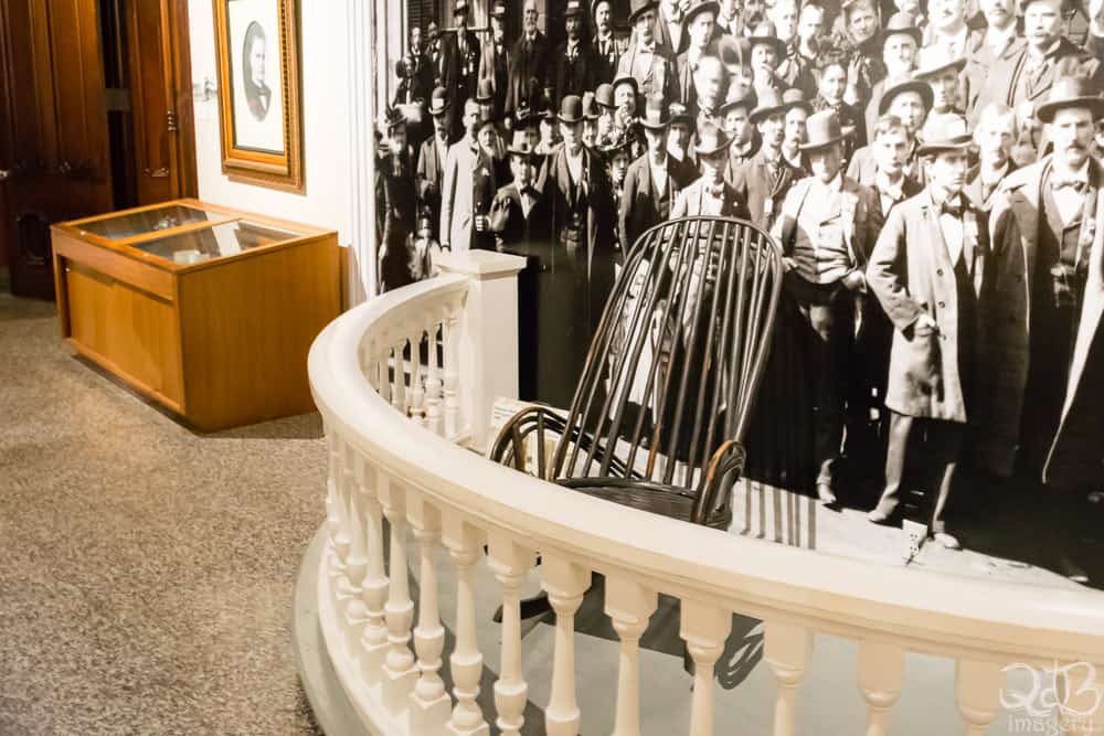 The actual chair President McKinley used to campaign on a Canton, Ohio, front porch inside of the McKinley Museum. 