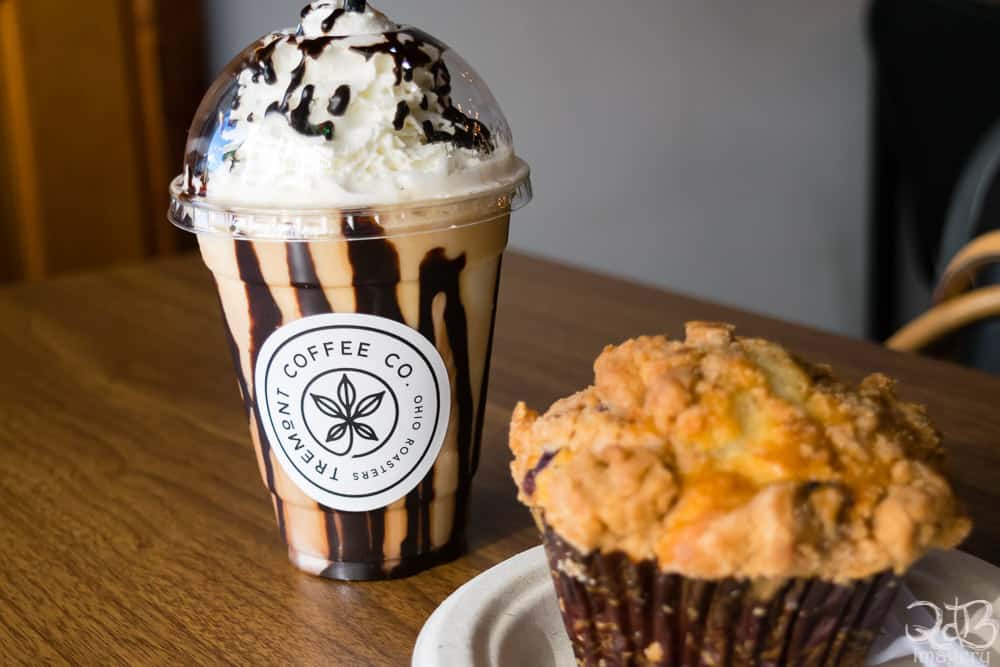 Tast-testing a freshly-made muffin and coco NUTS machiato at Tremont Coffee Co. 