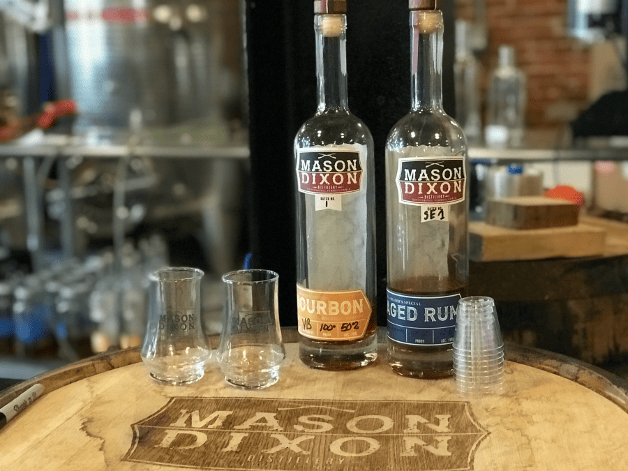 Bourbon & rum bottles at Mason Dixon Distillery in Gettysburg.