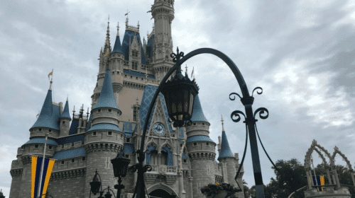 Cinderella castle is still beautiful with rain clouds