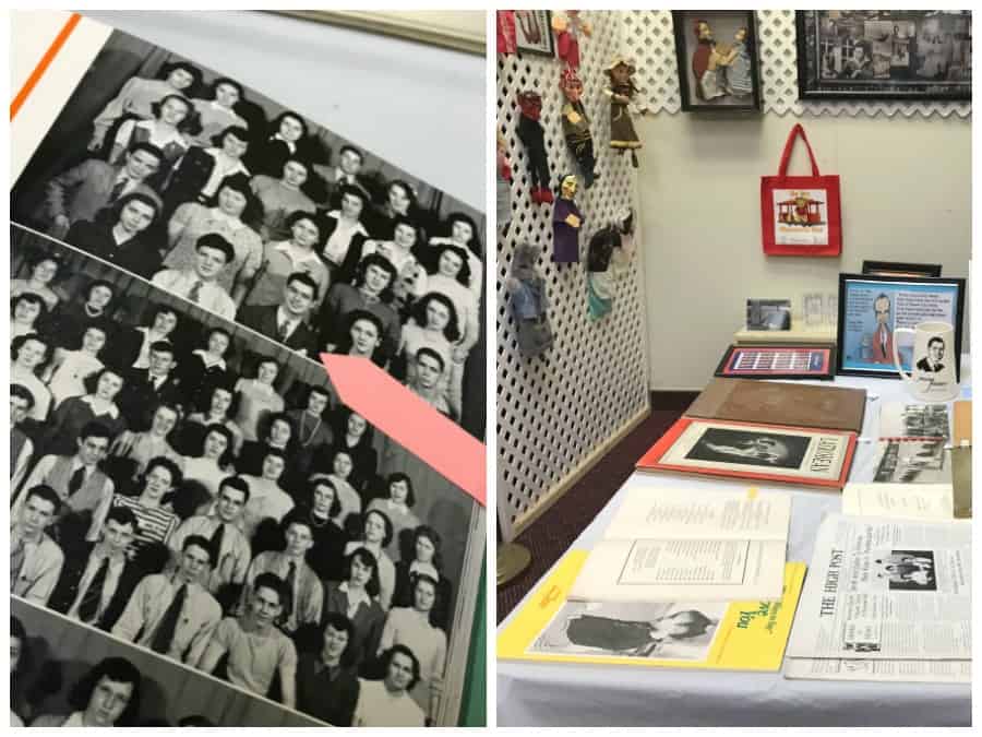 Fred Rogers puppets and high school yearbook at Latrobe Area Historical Society. 