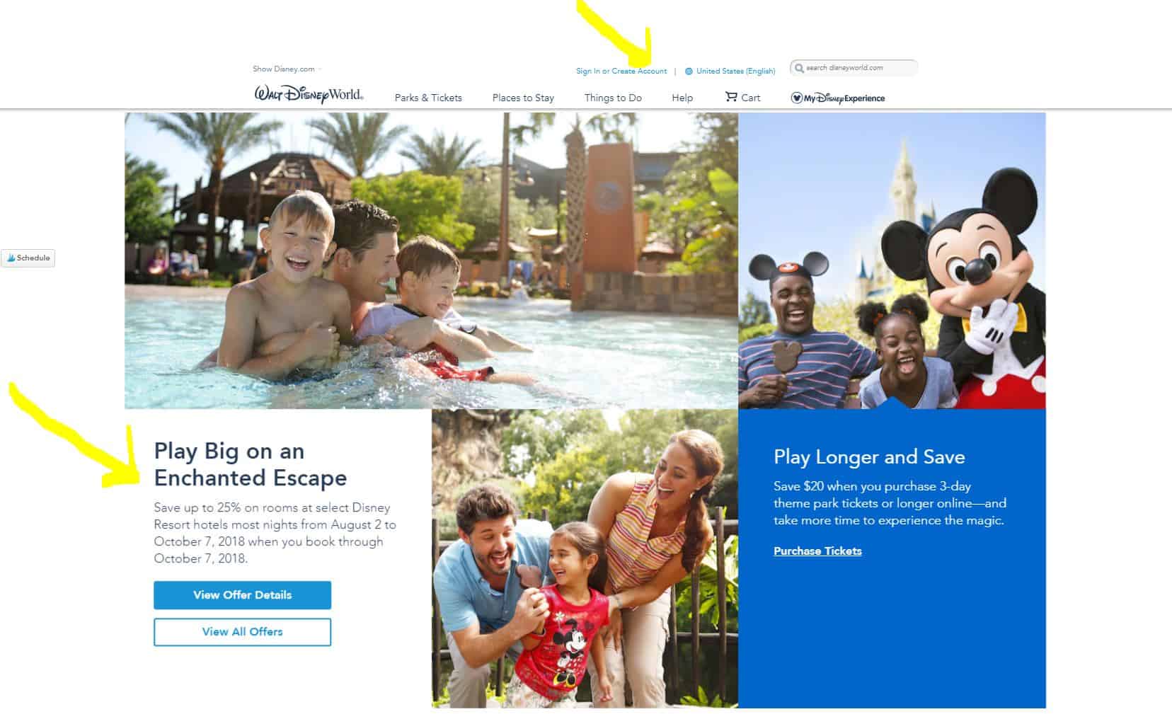 Scroll down the front page of the official WDW website and look for offers. Oh, and create an account while you're there. It may get you on the special offer list. First Time Disney World visit mistakes 