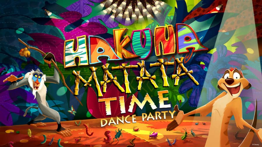 In this artist’s rendering, Rafiki and Timon invite guests to join the “Hakuna Matata Time Dance Party” at Disney’s Animal Kingdom at Walt Disney World Resort. Photo Credit: WDW News