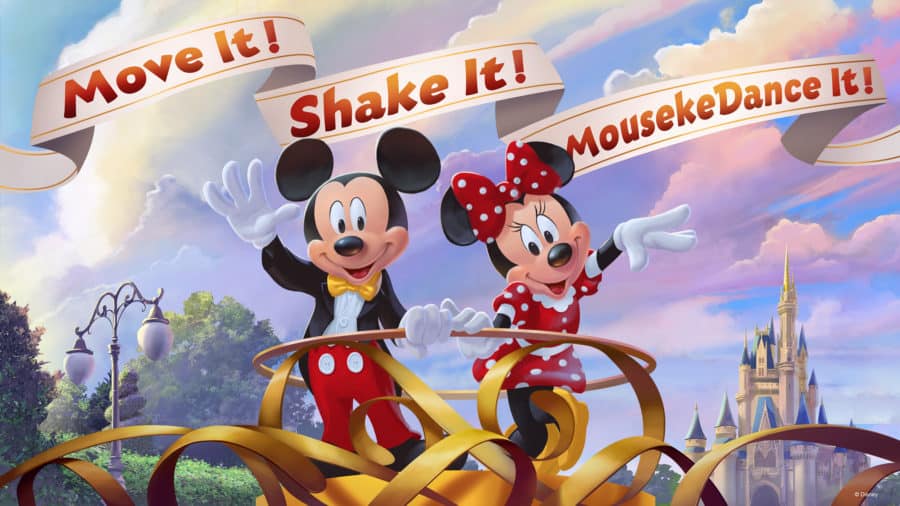 In this artist’s concept rendering, Mickey Mouse and Minnie Mouse invite guests to join in the new “Move It! Shake It! MousekeDance It! Street Party” in Magic Kingdom Park at Walt Disney World Resort. Photo Courtesy of WDW News.