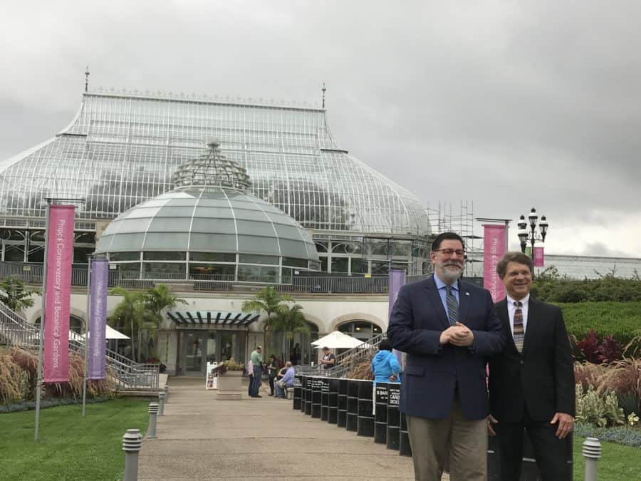 Pittsburgh Mayor Bill Peduto and Phipps President and CEO Richard V. Piacentini during the unveiling of the newly-restored Glasshouse. Photo Credit: Karyn Locke