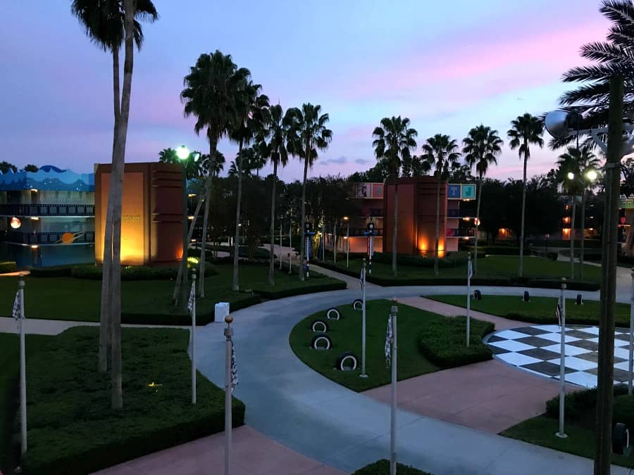 Advantages of staying at a Walt Disney World Value Resort: View from the third floor of All-Star Movies Resort, Love Bug Building Six.