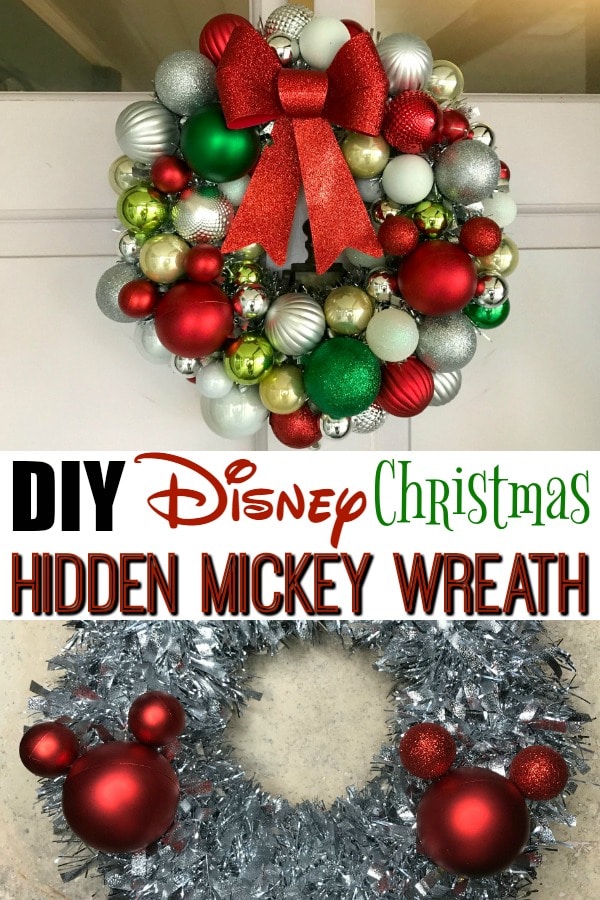 Looking for a fun, easy (and inexpensive!) DIY Disney Wreath tutorial? Here's one for a Christmas Hidden Mickey wreath using dollar store craft supplies. #Disney #DisneyDIY #DisneyWreath #MickeyWreath #DisneyChristmas #DisneyChristmasWreath