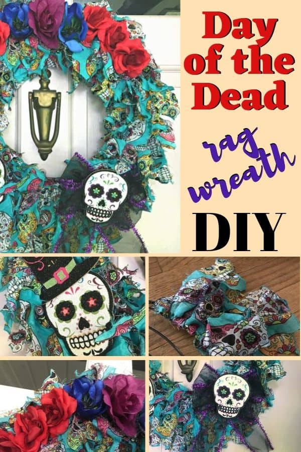 Looking for a fun (and easy!) Day of the Dead wreath DIY? From supplies to steps, here's a super easy rag wreath tutorial. #DayoftheDead #DiaDeLosMuertos #WreathDIY #HolidayWreath