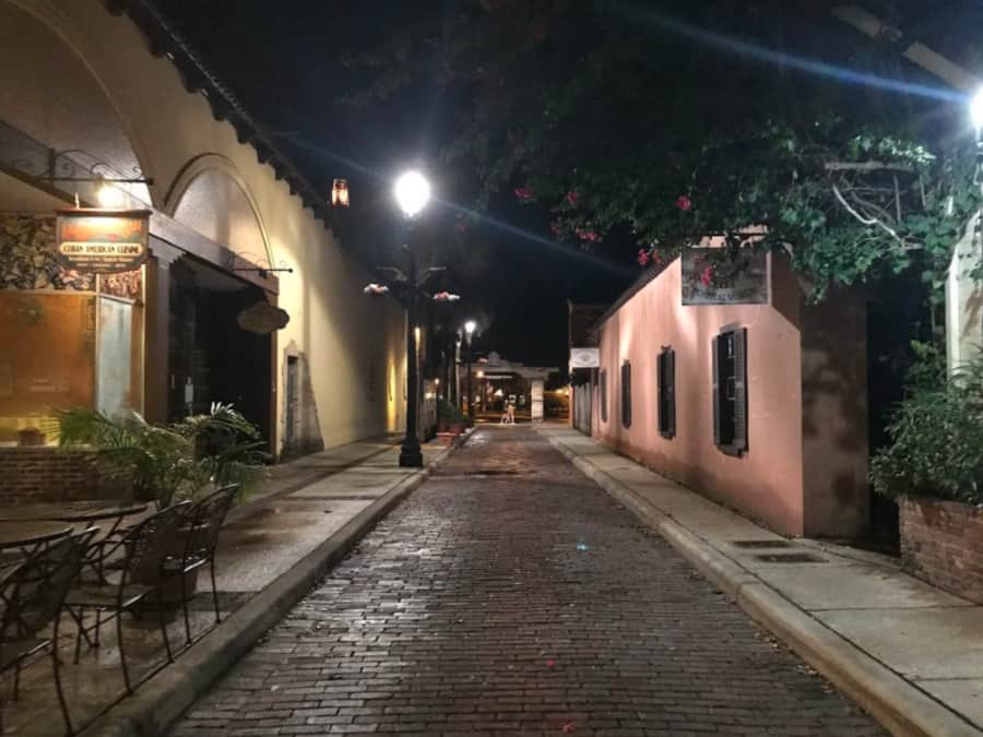unique things to do in St. Augustine - Aviles Street at night.