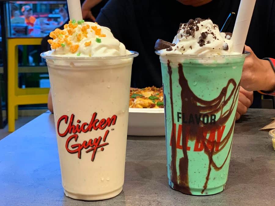 Chicken Guy! Disney Springs Milkshakes: Apple Cinnamon Cereal on left, Triple Double Mint on right.