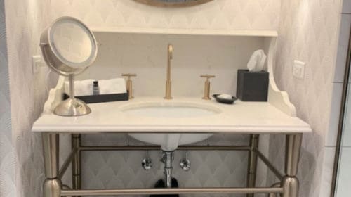 Hotel LeVeque Columbus review: bathroom vanity area.