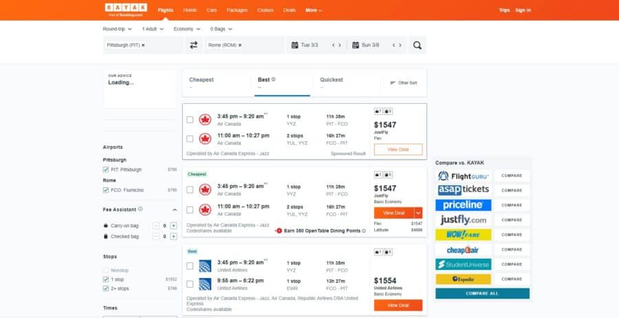 Kayak Pittsburgh to Rome fares