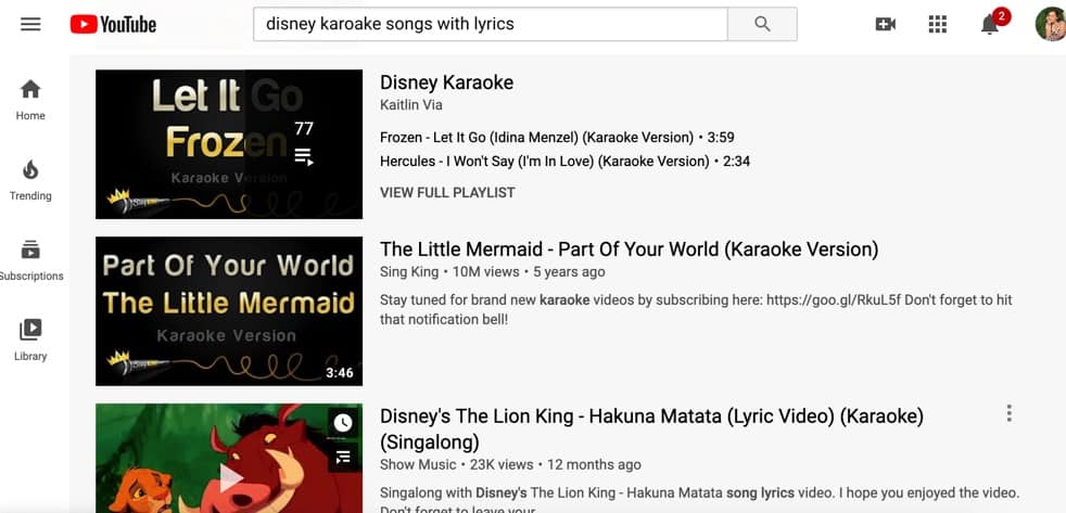 YouTube Disney karaoke songs with lyrics