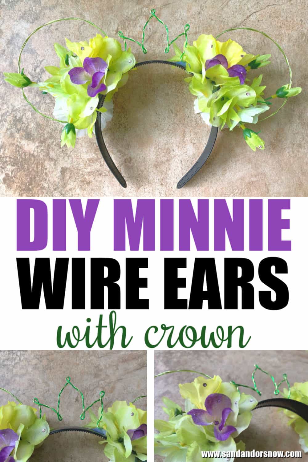 Ready for an easy DIY Mickey ear with crown tutorial? From where to get supplies to a step-by-step guide, here's my easy way to make Disney wire ear headbands with flowers and a wire crown! #Disney #DisneyCrafts #DisneyDIY #EarHeadbands #MinnieEars #MickeyEars #PrincessEars