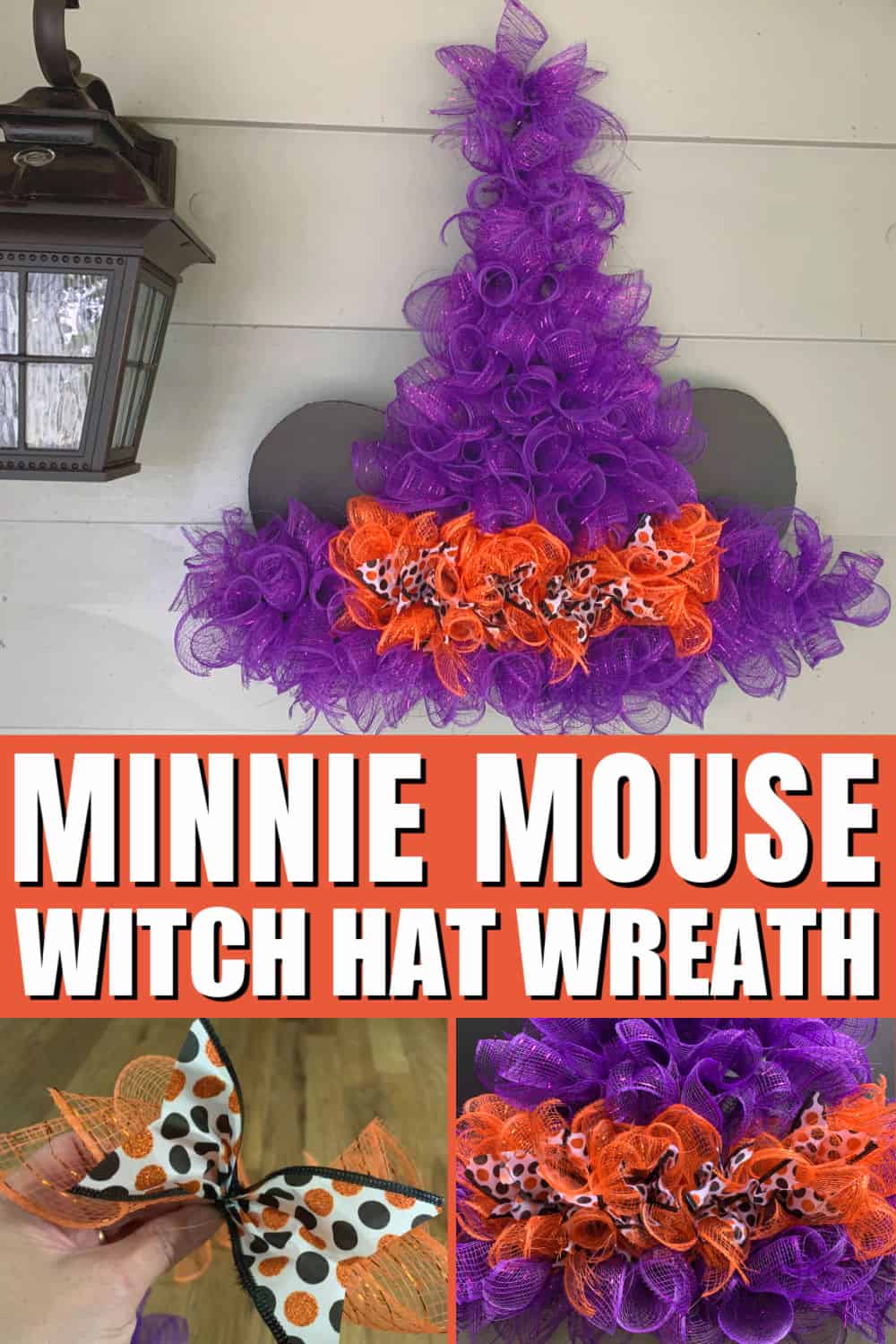 Want a super cute tutorial for a Disney inspired Halloween wreath? From items needed to a thorough step-by-step tutorial, here's how to make an adorable Minnie Mouse witch hat wreath! #DisneyDIY #DisneyHalloween #MinnieEars #MinnieMouseDIY #WitchHatWreath 