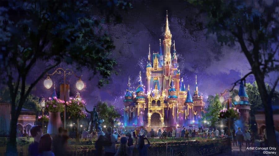 Disney World 50th Anniversary Celebration Magic Kingdom Cinderella Castle at night. 