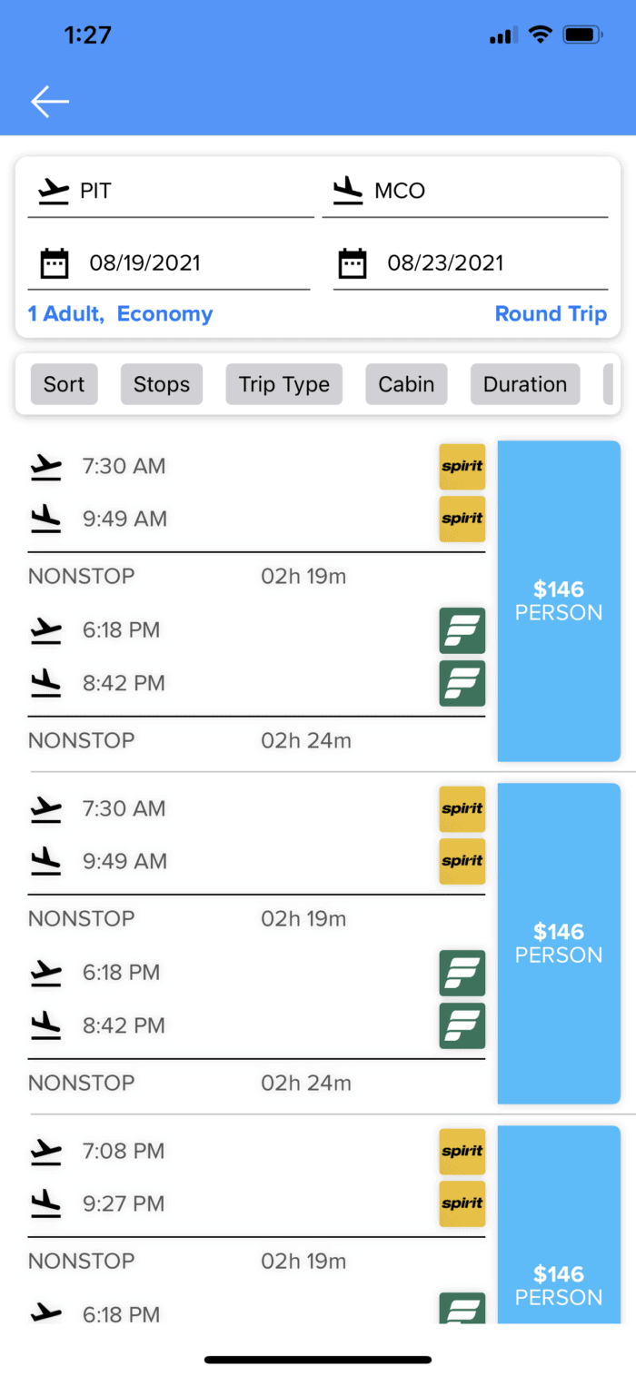 FareUpThere PIT to MCO example