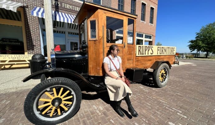 sauder village with kids  - antique car on 1920's Main Street