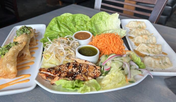 where to eat in lafayette - Red Seven appetizers chicken lettuce wraps, potstickers, and empanadas