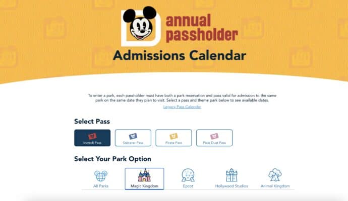 Walt Disney World 2024 Annual Pass theme park reservation calendar
