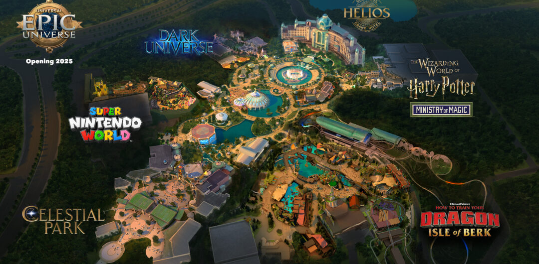 Epic Universe - bird's eye view of lands and park
