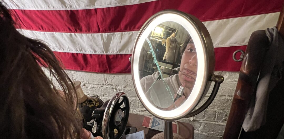 Buffalo Bill's House tour - basement sewing room mirror and lipstick